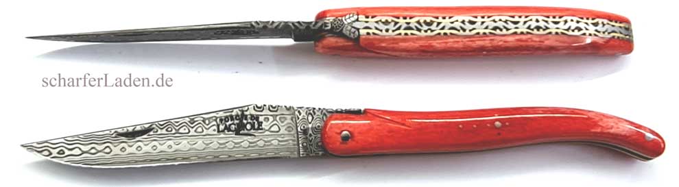 12 cm FORGE DE LAGUIOLE LUXE Taschenmesser  Doppelplatine Damast Kamelknochen rot