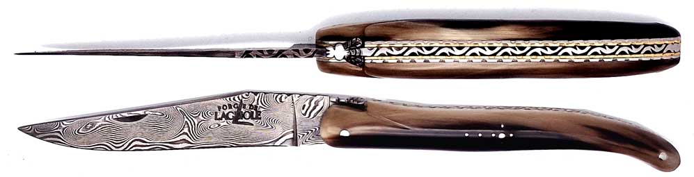 FORGE DE LAGUIOLE Serie LUXE Pocket Knife XC Damascus Plein Manche Horn spotted from the tip
