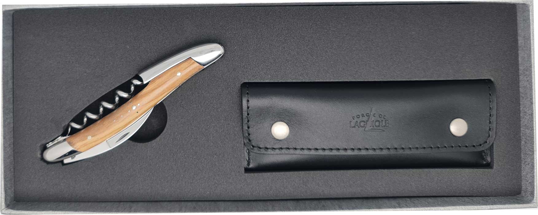FORGE DE LAGUIOLE Sommelier polished olive wood leather case black Set 2 piece