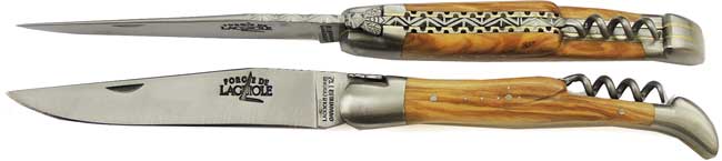 Doppelplatine  Forge de Laguiole Olive Messer  mit Korkenzieher Griff 12 cm