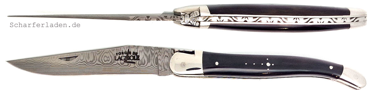 12 cm FORGE DE LAGUIOLE LUXE Taschenmesser Damast Horn schwarz poliert