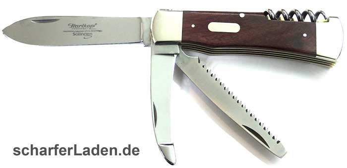 Hartkopf Jagd-Taschenmesser, Rotholz , Stahl 1.4110, Sge, Aufbrechklinge, Korkenzieher, Neusilberbacken