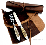 EICHENLAUB Solingen 2-piece stag horn cutlery in a roll-up case for traveling