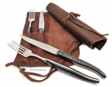 LAGUIOLE VILLAGE Steak cutlery carbon fibre handle set 2 pieces with leather pouch